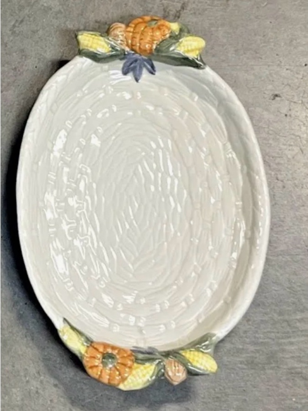 White Ceramic Oval Serving Platter with Orange Floral Accents